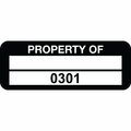 Lustre-Cal Property ID Label PROPERTY OF Polyester Blk 2in x 0.75in 1 Blank Pad&Serialized 0301-0400, 100PK 253744Pe2K0301